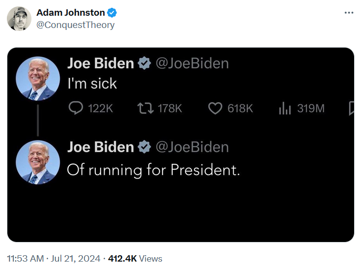 Joe Biden 'I'm sick' meme with the tweets reading 'I'm sick' and 'Of running for President.'