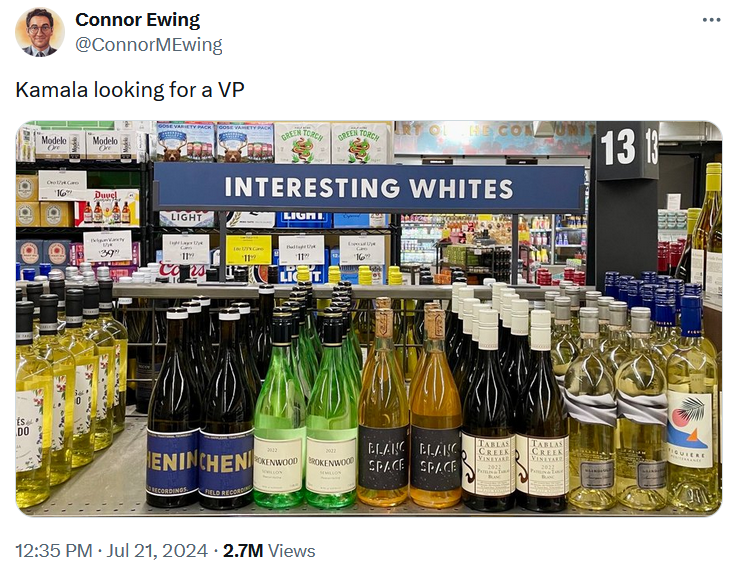 Kamala picking a running mate meme with a photo of a wine selection labeled 'interesting whites.'