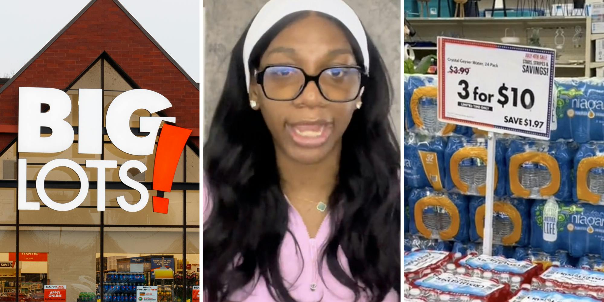 Big Lots store(l), Woman talking(c), Deal on water bottles(r)