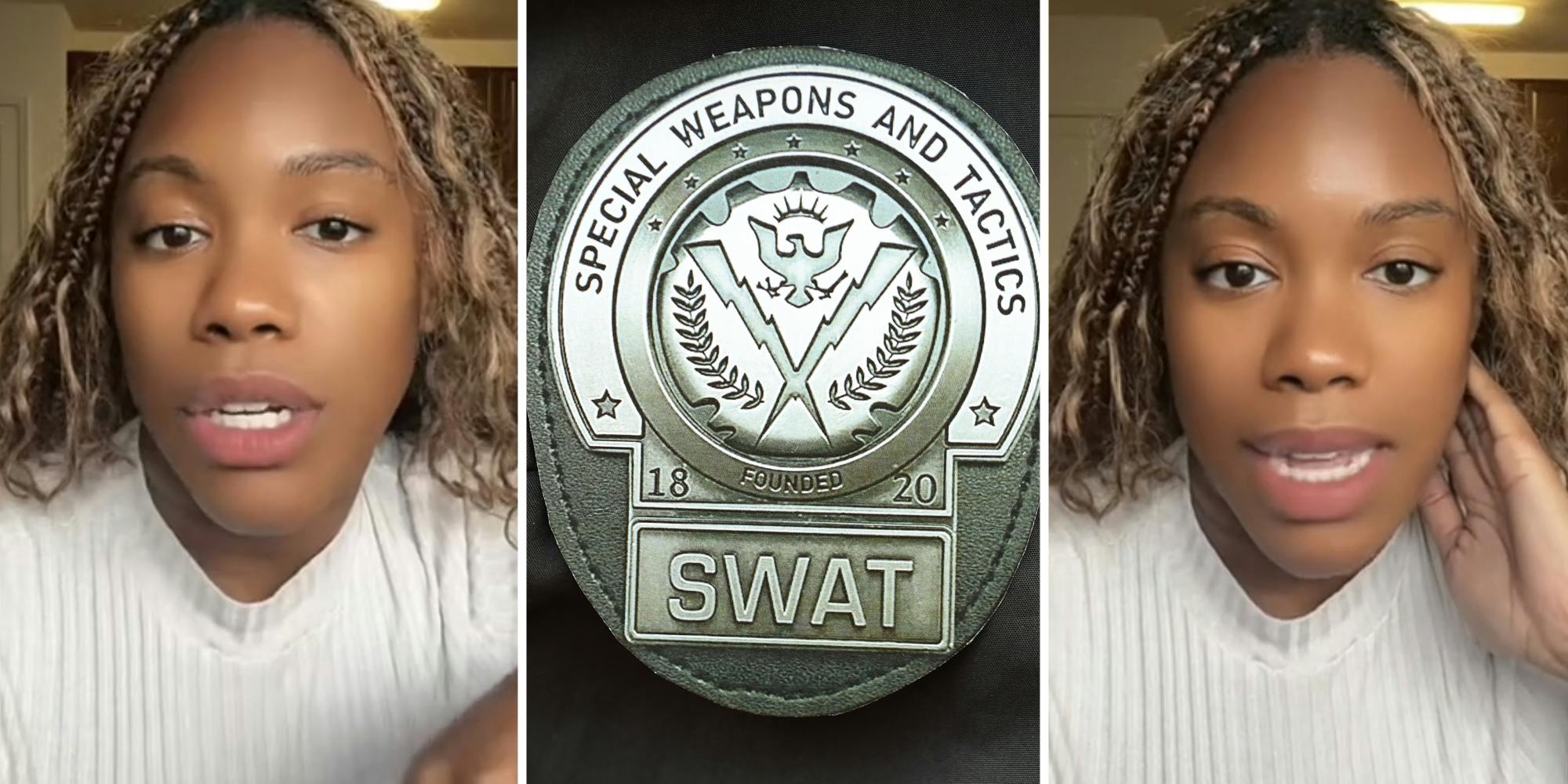 Woman talking(l+r), Swat badge(c)