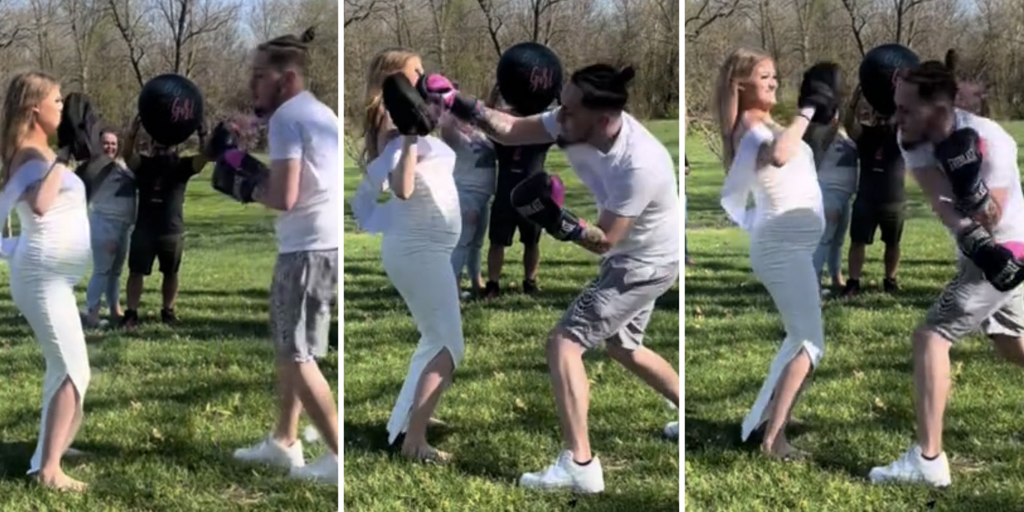 Three split of man boxing against pregnant wife