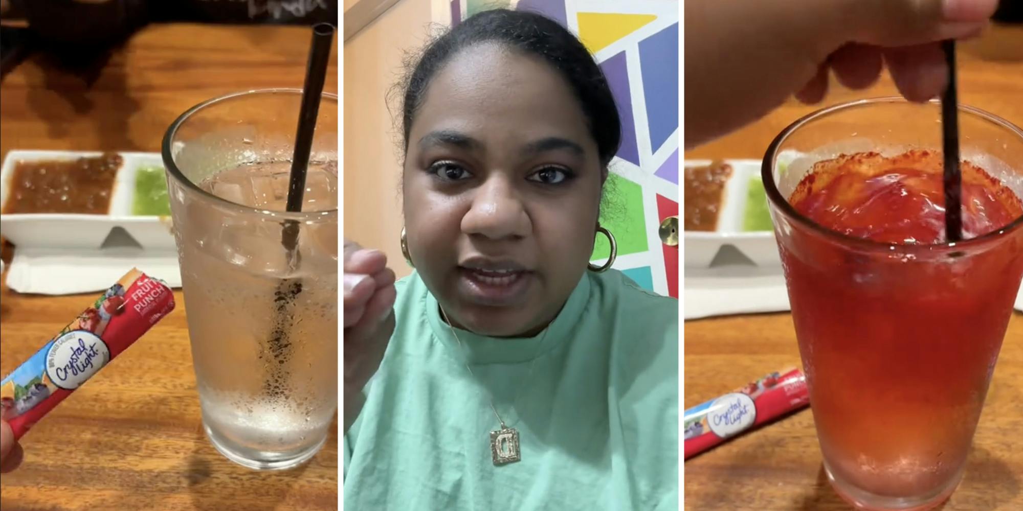 Crystal light with drink(l+r), Woman talking(c)