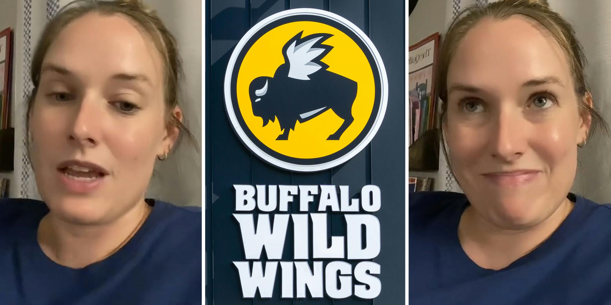 Woman talking(l+r), Buffalo Wild Wings sign(c)