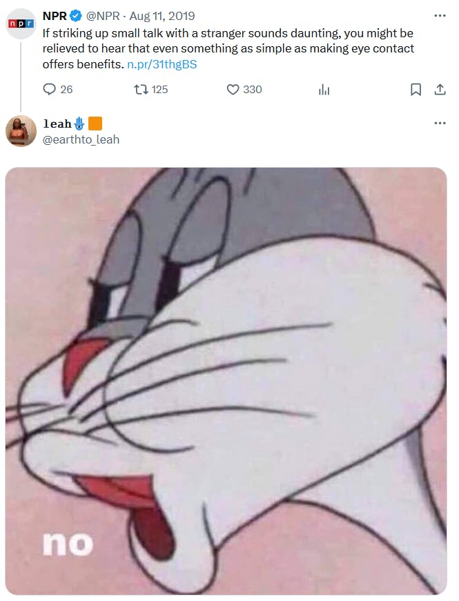 Bugs Bunny no meme response to NPR headline tweet.