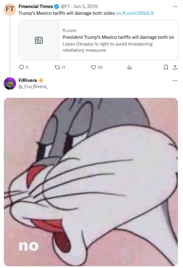 Bugs Bunny no meme Twitter reply to Financial Times headline on tariffs.