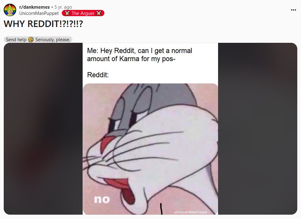 Bugs Bunny no meme about Reddit karma.