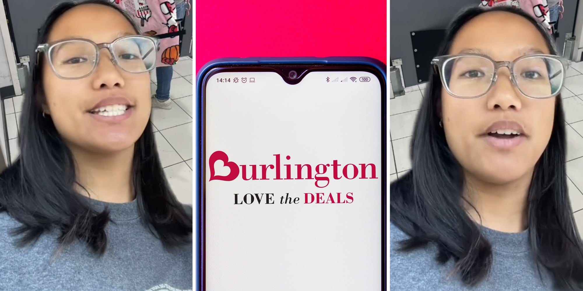 Woman talking(l+r), Burlington app on phone(c)