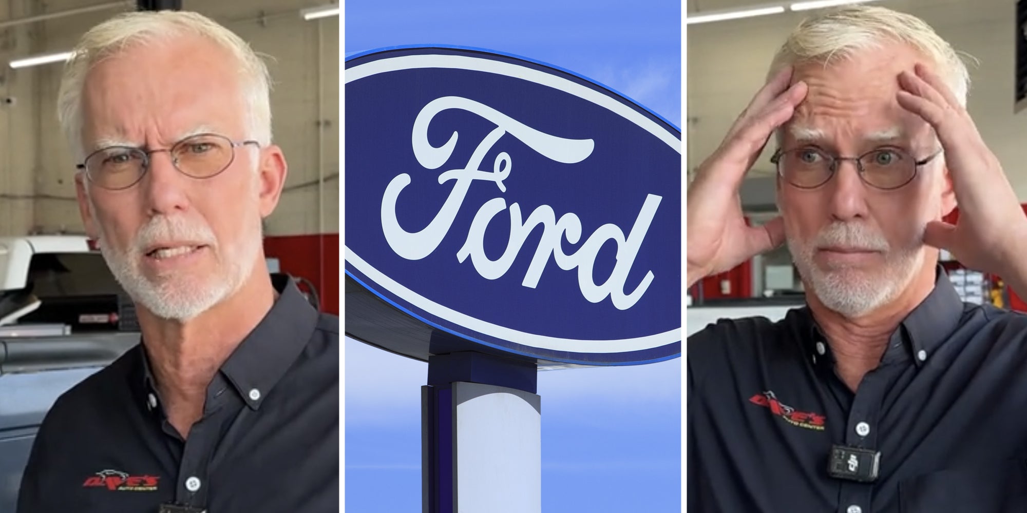 Man talking(l), Ford sign(c), Man looking shocked(r)
