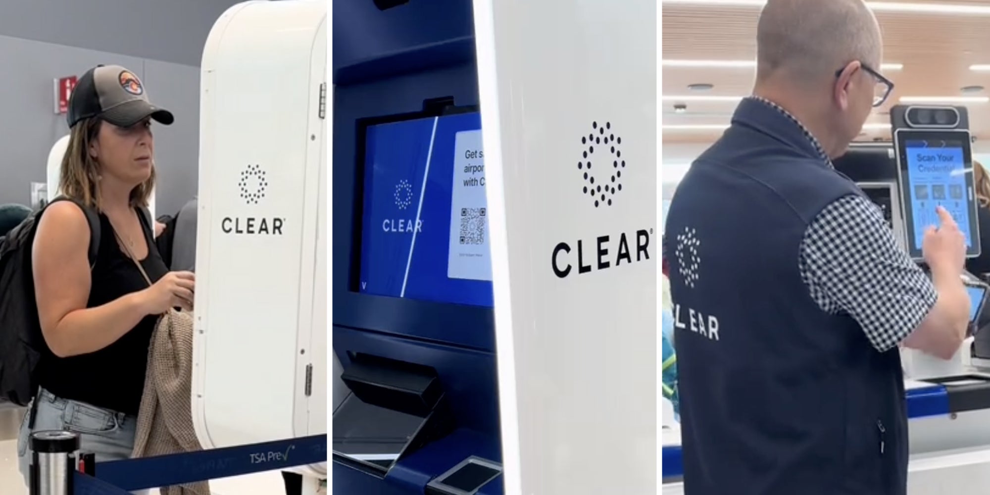 Woman using clear machine(l), Clear machine screen(c), Clear worker pointing to screen(r)