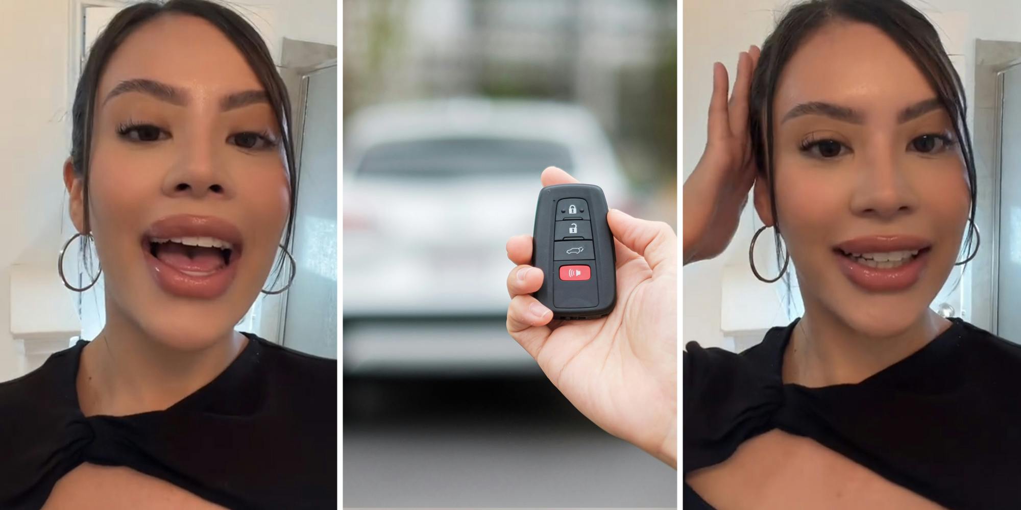 Woman talking(l+r), Hand holding car key in front of car(c)