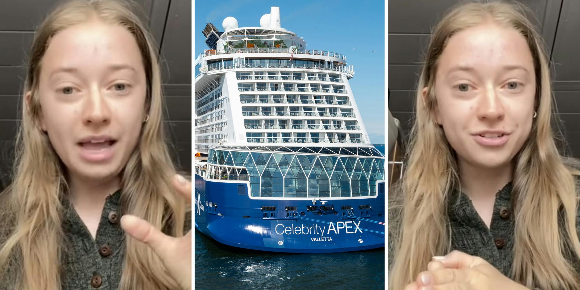 Woman talking(l+r), Celebrity cruise ship(c)