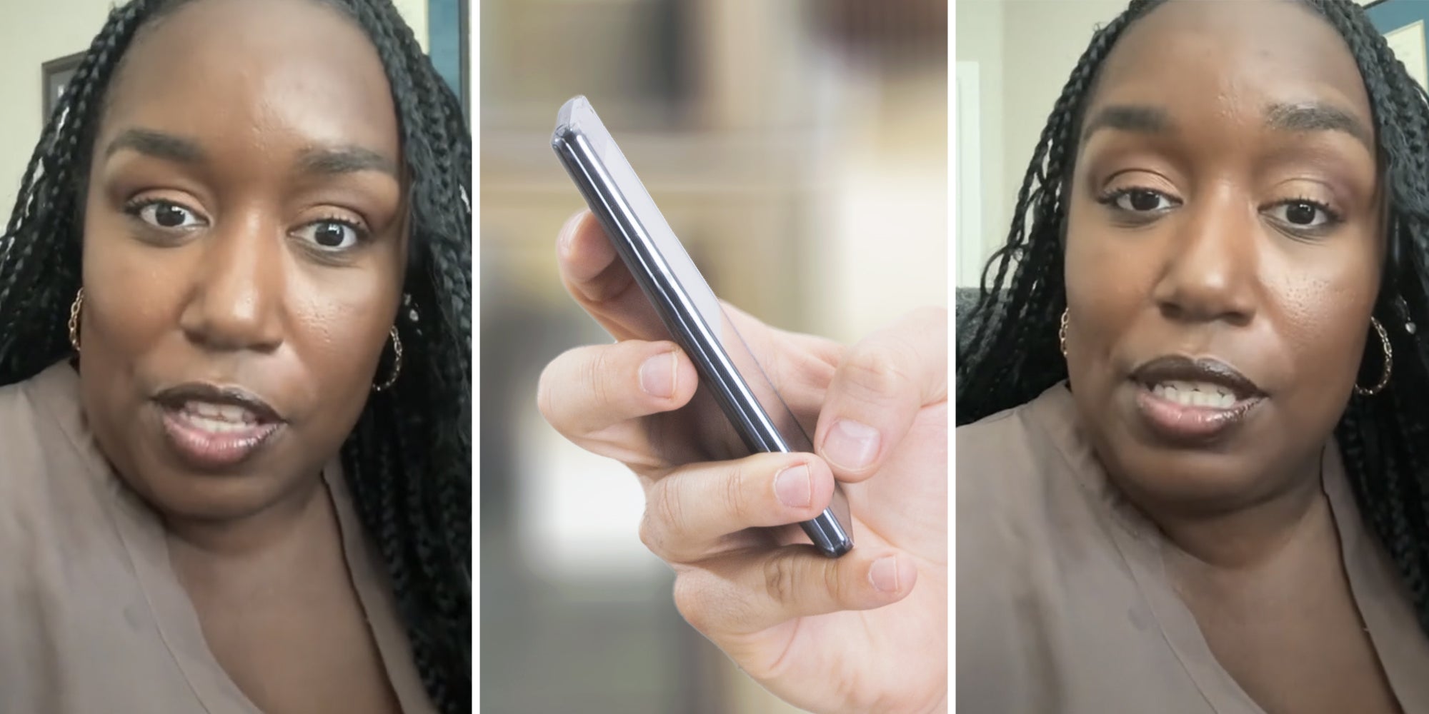 Woman talking(l+r), Hand holding phone(c)