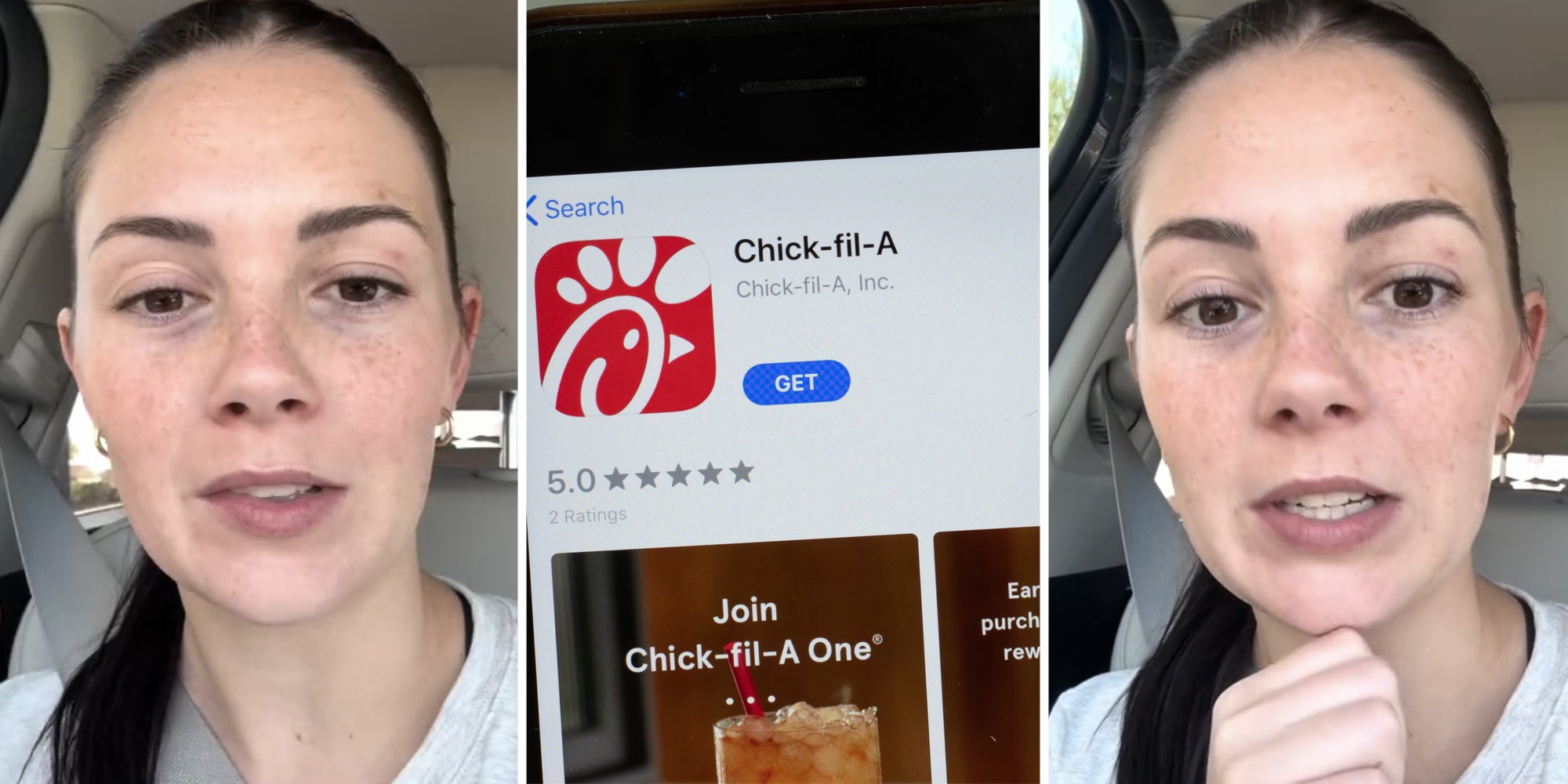 Woman talking(l+r), Chick-fil-a app on phone(c)