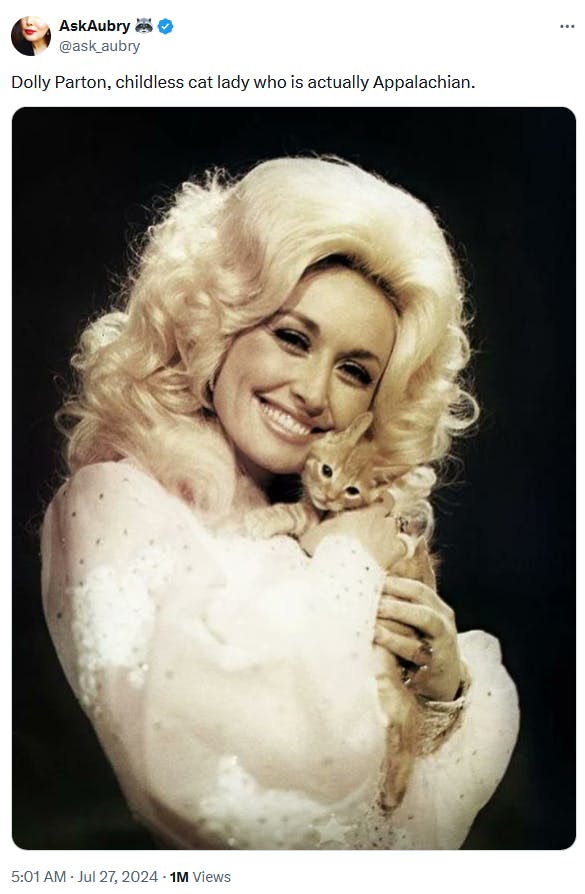 Childless cat lady meme with Dolly Parton.