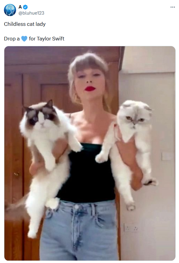 Childless cat lady meme with Taylor Swift holding two cats.