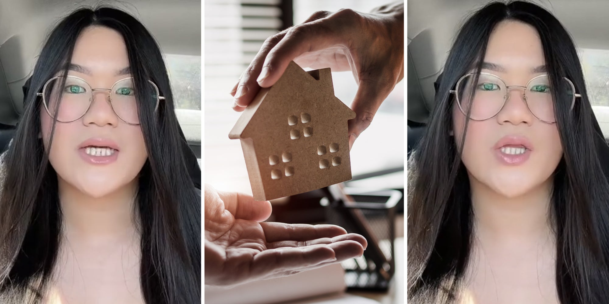 Woman talking(l+r), Hands passing house(c)