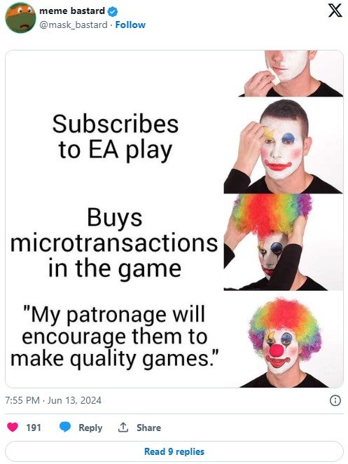 clown meme about EA play