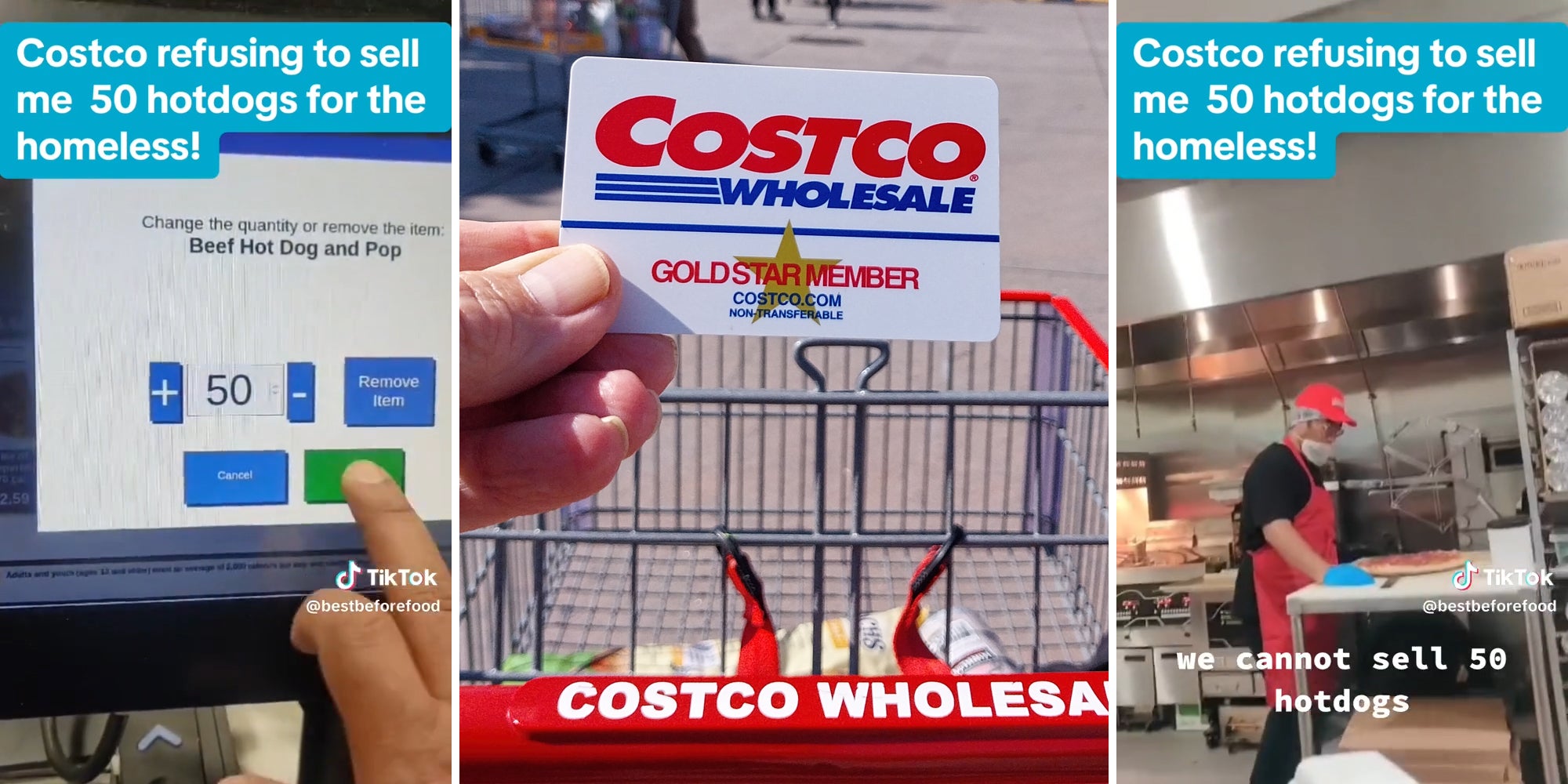 man ordering 50 hot dogs (l) costco wholesale card (c) costco worker with caption 'we cannot sell 50 hotdogs' (r)
