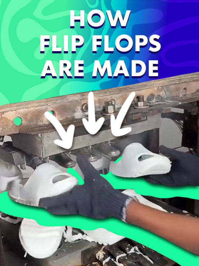 flip flops in hands in front of green and blue