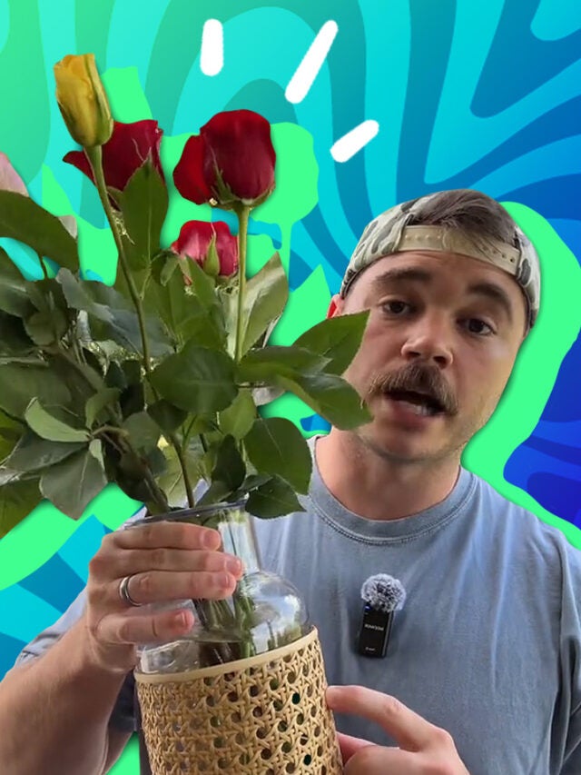 man with flowers over green and blue