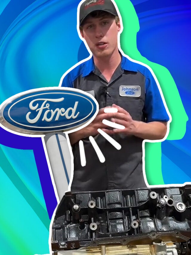 man with Ford logo and engine over green and blue