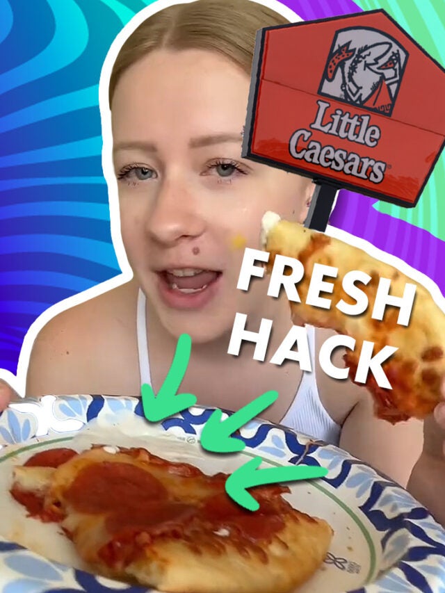 woman with pizza over green and blue