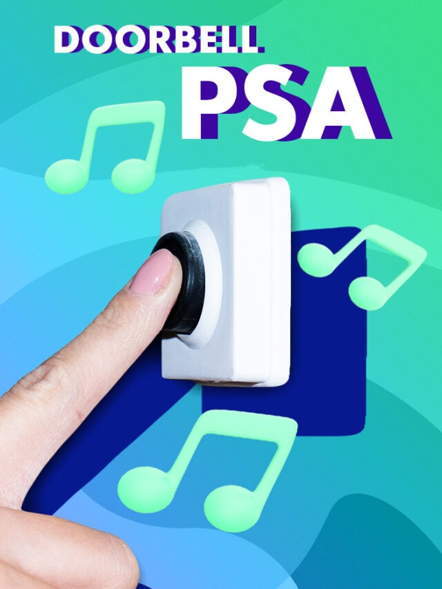 finger on doorbell over green and blue