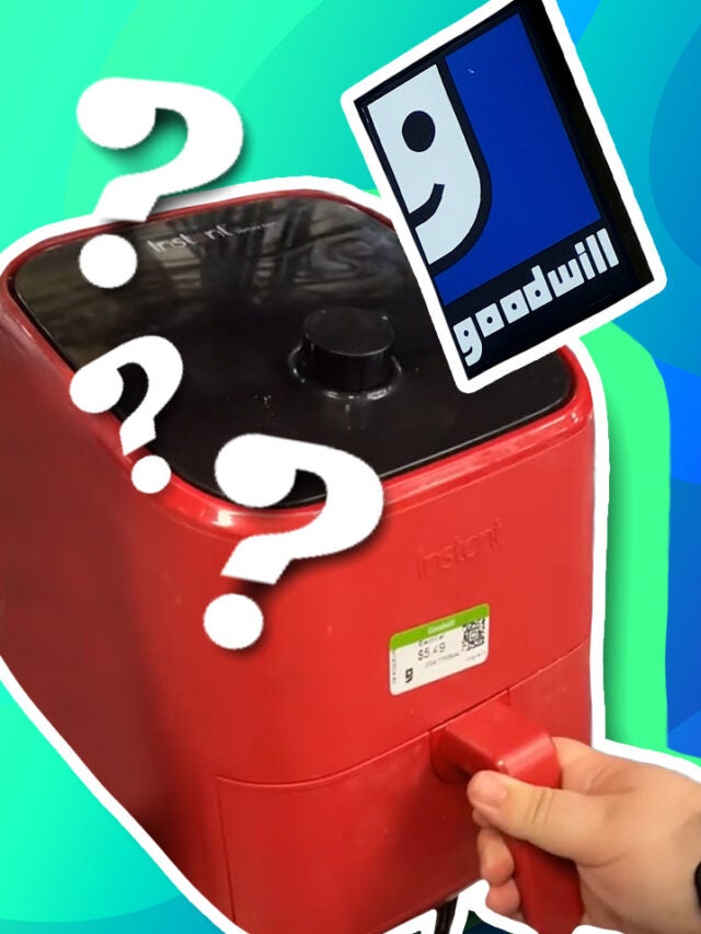 air fryer and goodwill sign over blue and green