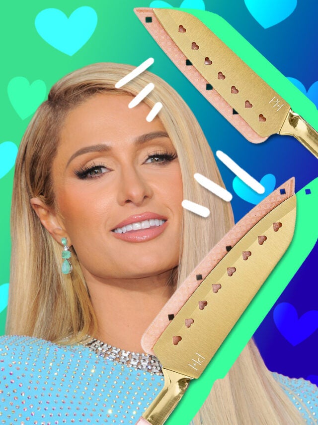 Paris Hilton with knives over green and blue