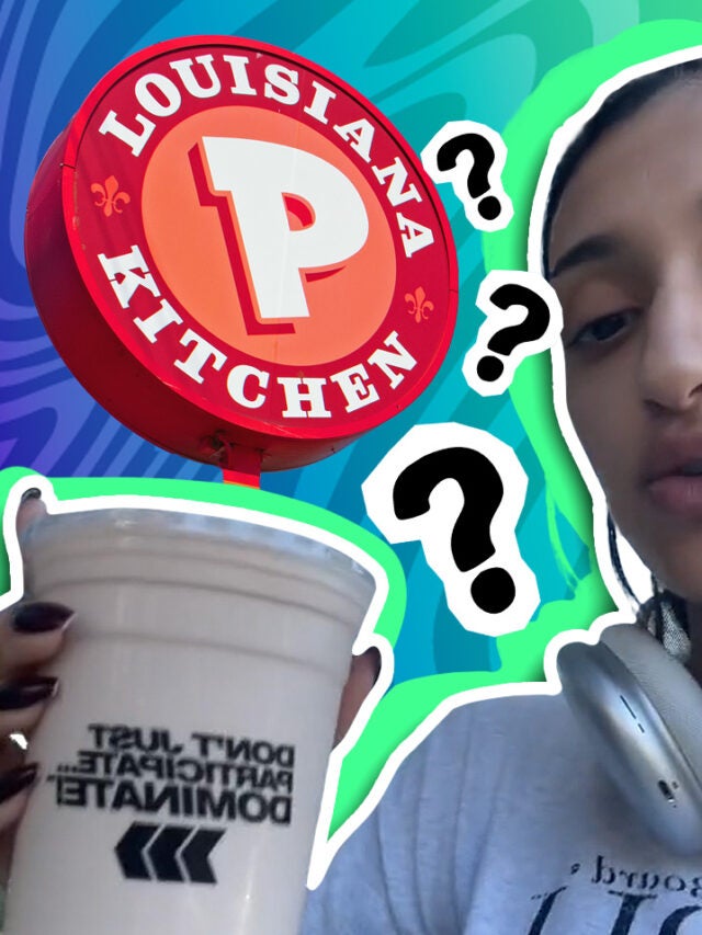 woman with drink and Popeyes sign over green and blue