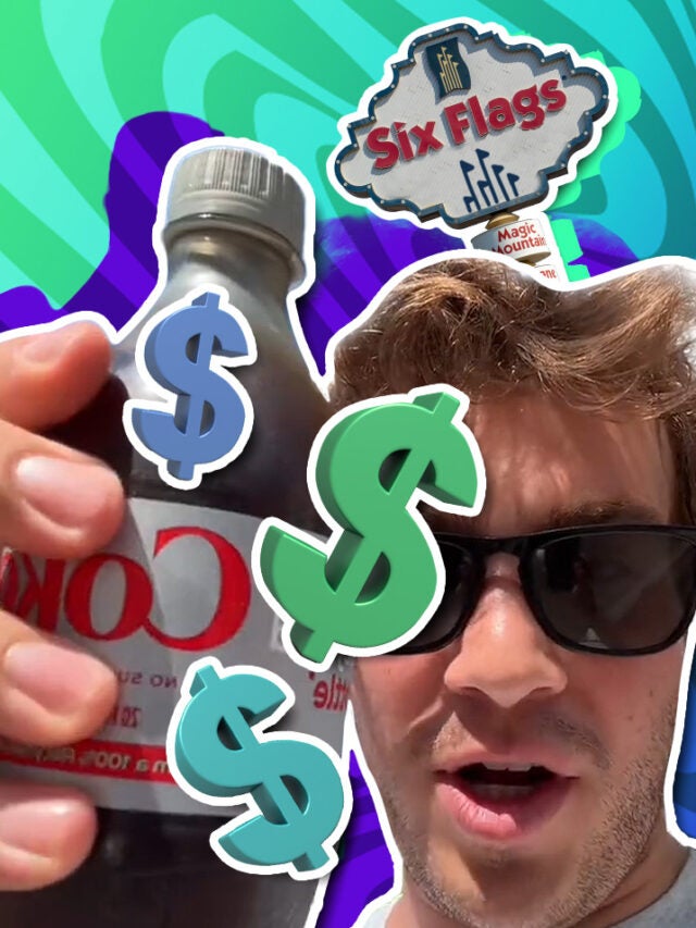 man with diet Coke and Six Flags sign over green and blue