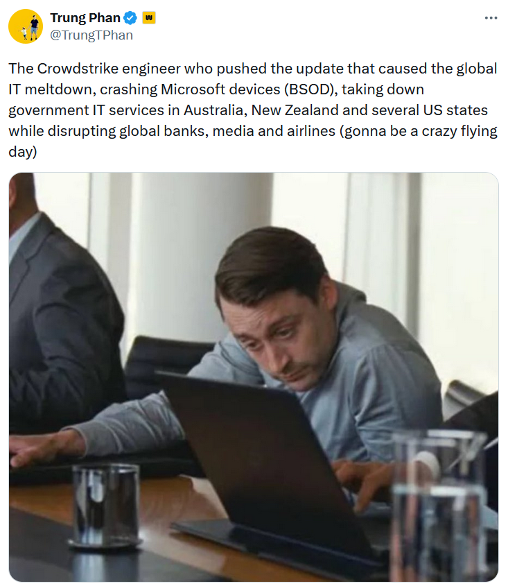 CrowdStrike meme with an image of a man slumped over a laptop.