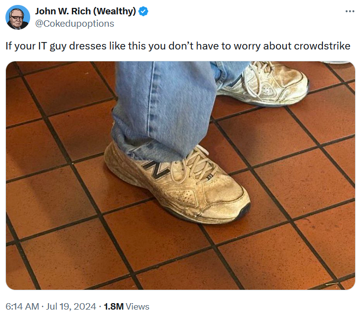 CrowdStrike meme with a photo of dirty sneakers on someone's feet.