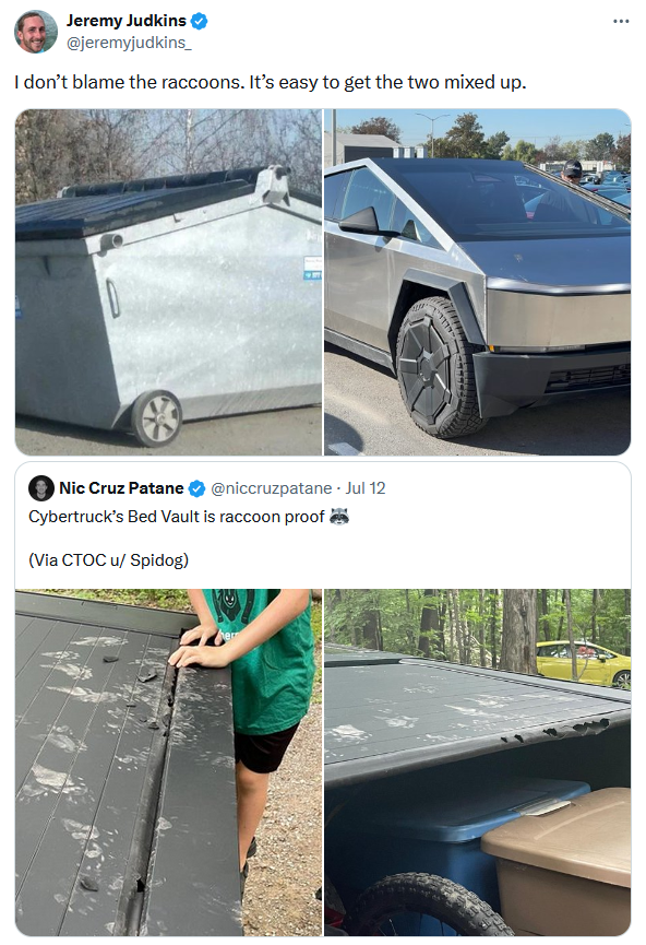 Cybertruck meme comparing the car to a dumpster.