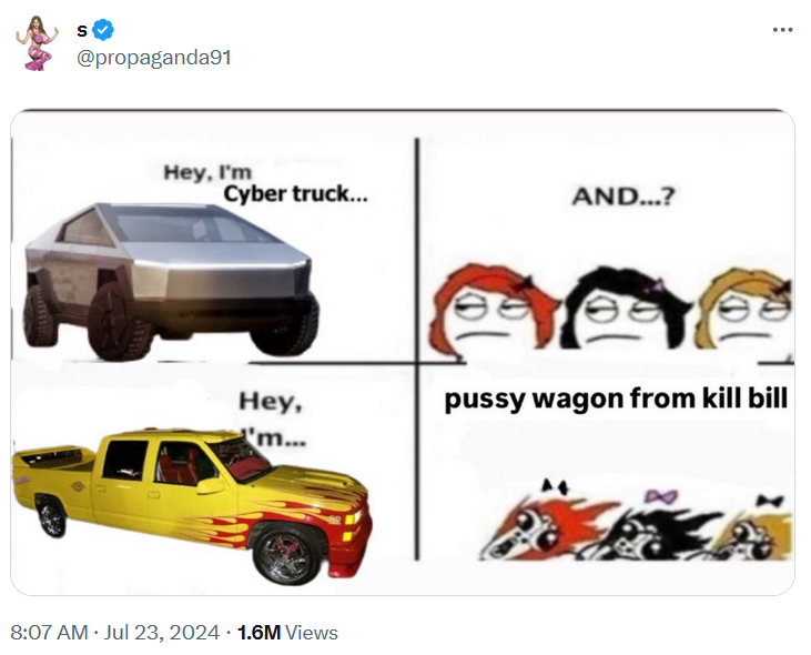 Cybertruck meme in the disinterested women comic format.