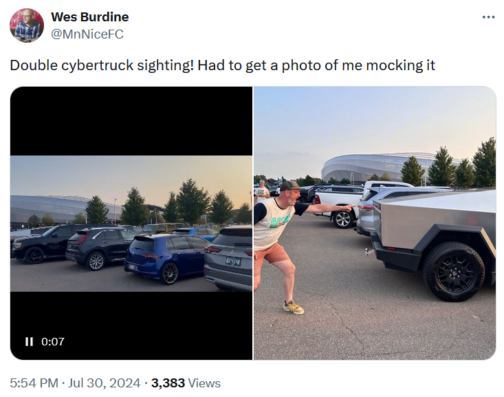 Cybertruck meme with video and a photo of a man pointing and laughing at a Cybertruck.