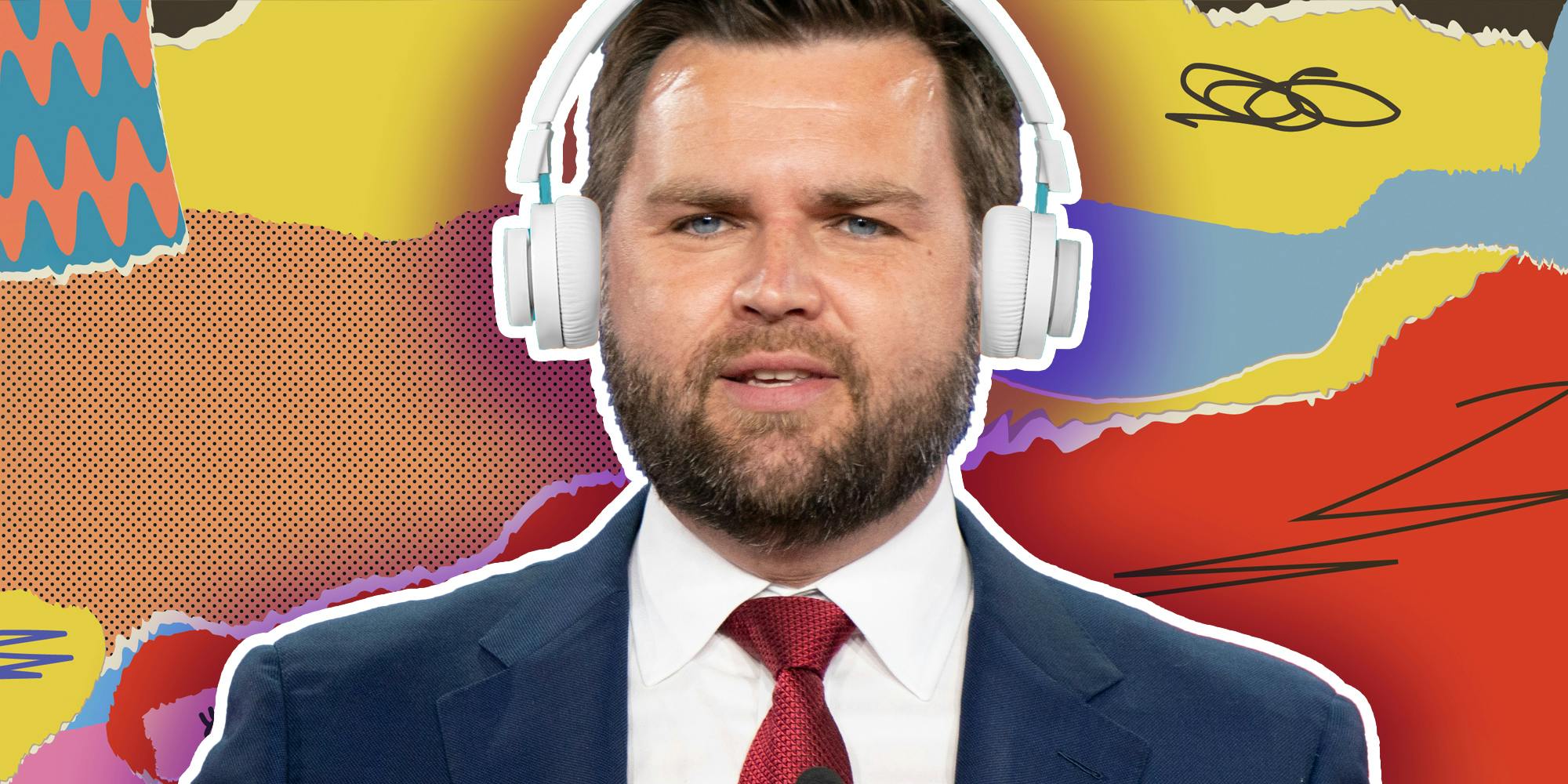 J.D. Vance with headphones and abstract background