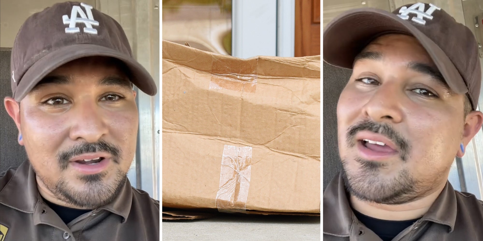 Man talking(l+r), Damaged package(c)