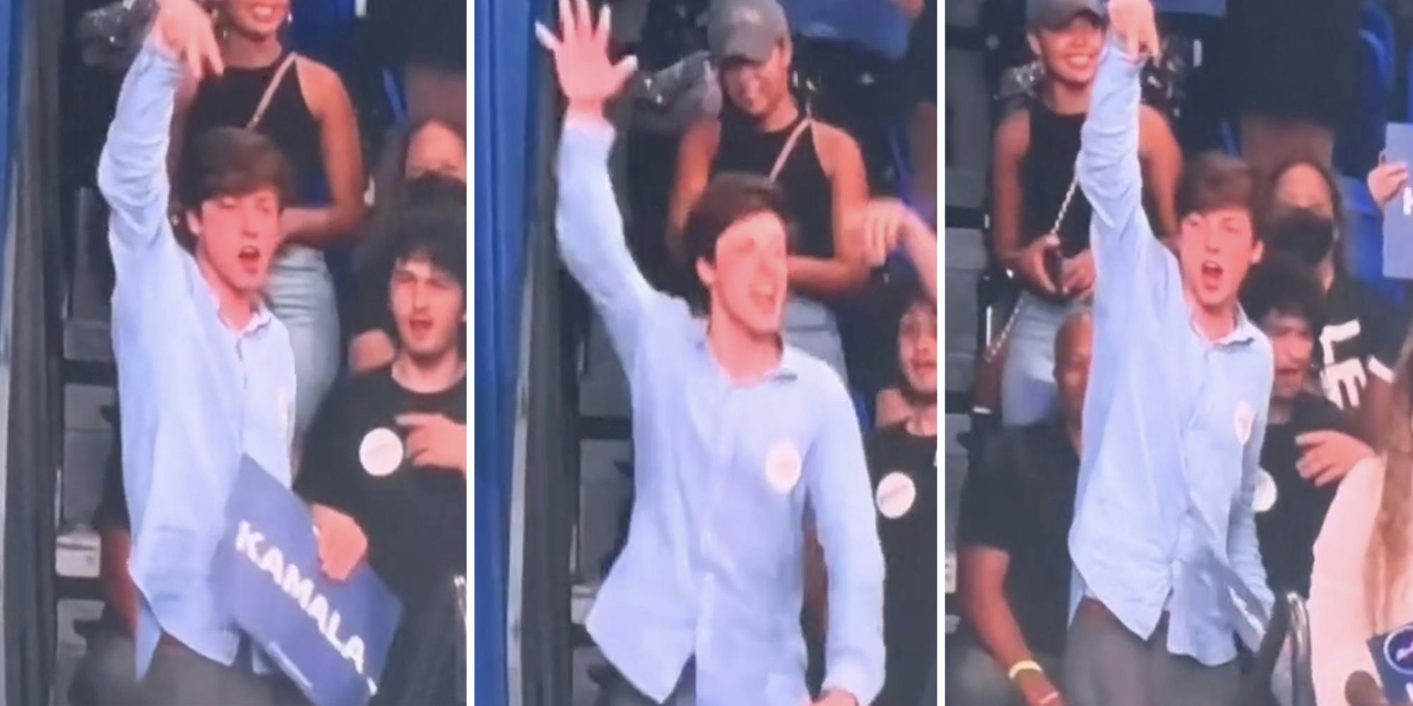 Three split of man dancing at Kamala Harris rally