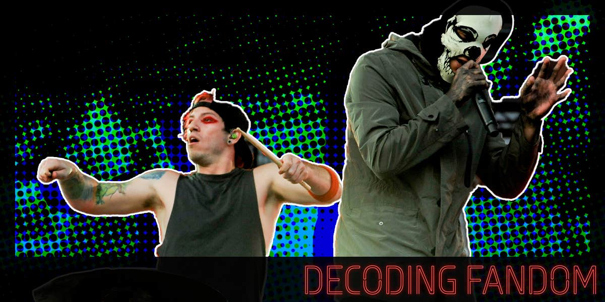 The band Twenty One Pilots surrounded by fan art. There is text in a Daily Dot newsletter web_crawlr font that says 'Decoding Fandom' in the bottom right corner.