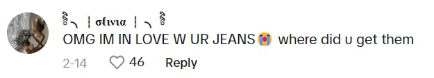 TikTok comment that reads, 'OMG IM IN LOVE W UR JEANS (sob emoji) where did u get them'