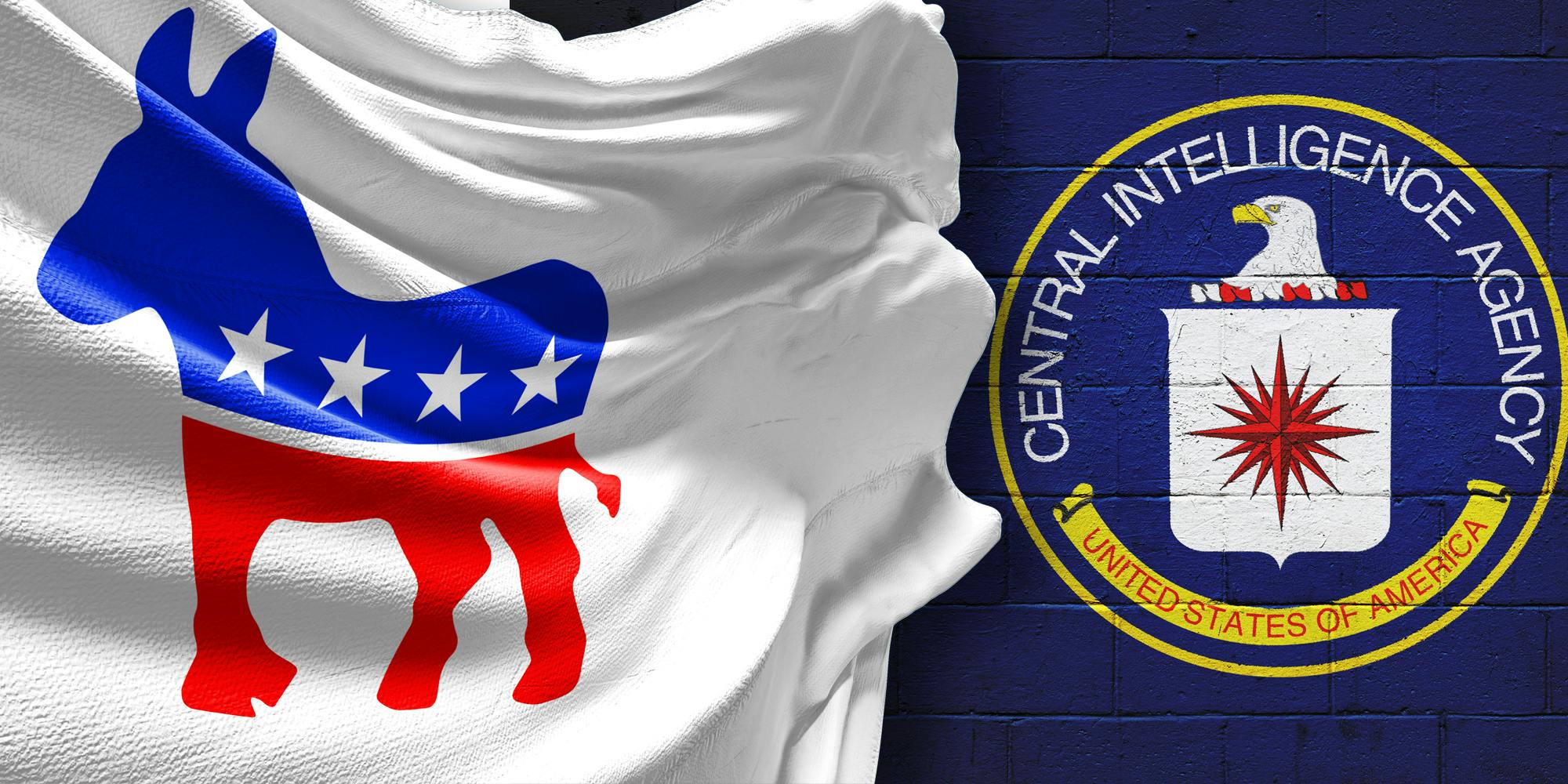 Democratic party logo on flag being blown with CIA logo on brick wall behind it