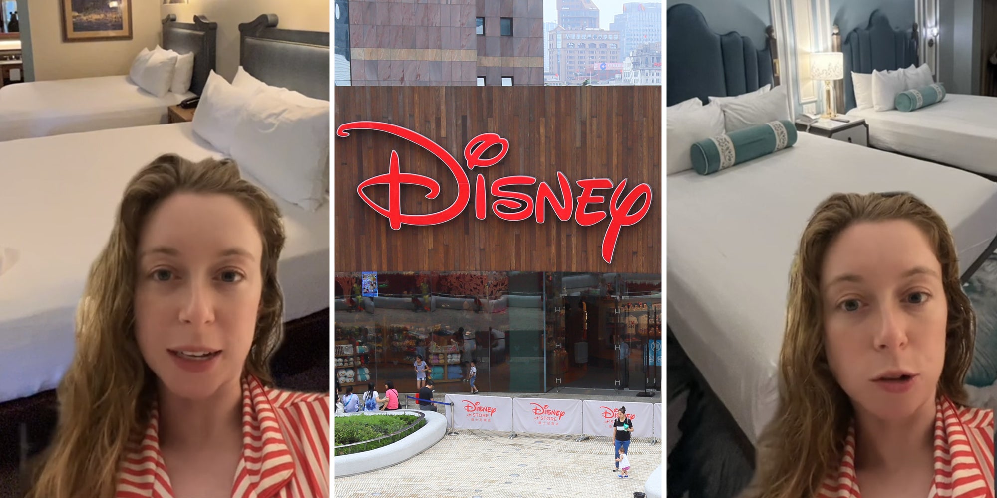 Woman in front of Disney hotel rooms(l+r), Disney front(c)