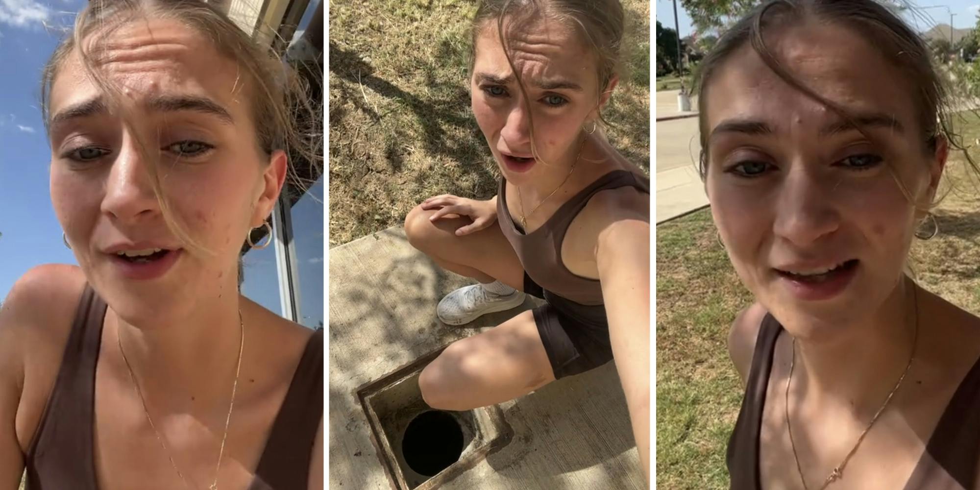 Woman talking(l+r), Woman showing off sewer(c)