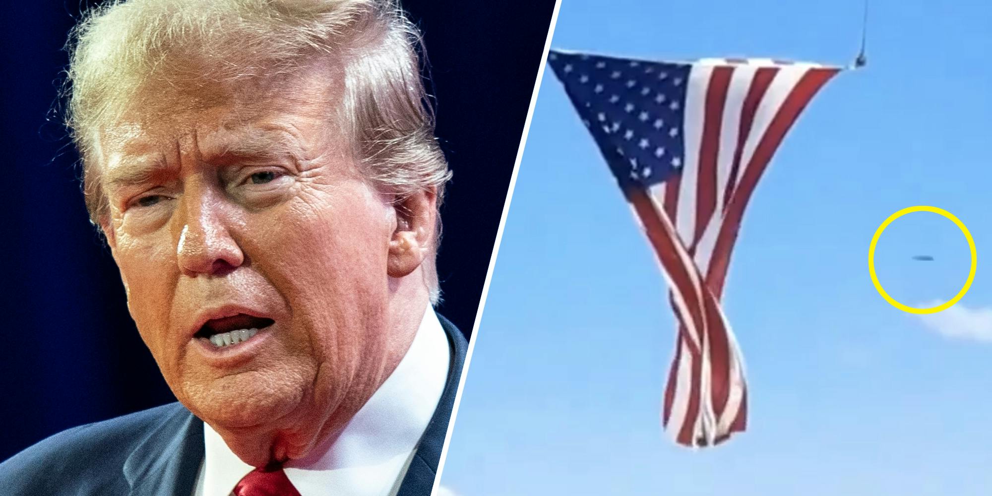 Donald Trump(l), Flag with possible ufo circled(r)