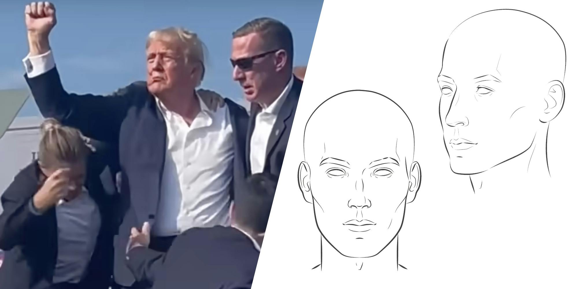 Donald Trump with fist in the air(l), Generic face drawings(r)