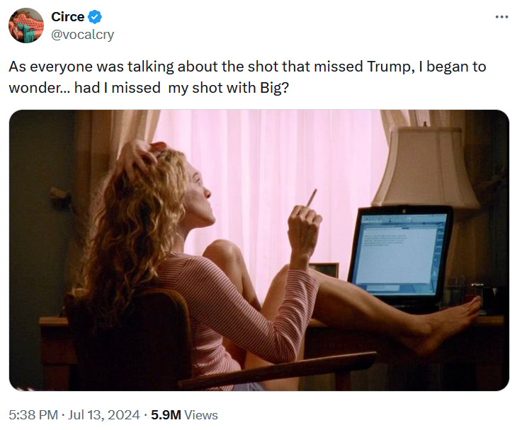 Donald Trump assassination meme with a Sex in the City screenshot.