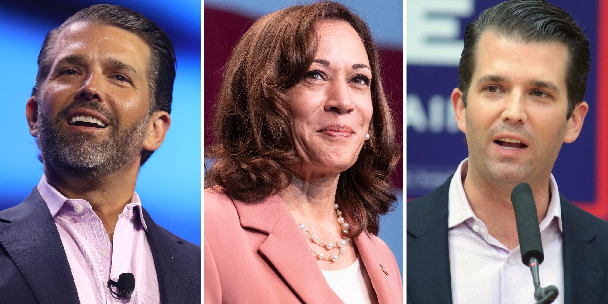 Donald Trump Jr in 2024(l), Kamala Harris smiling(c), Donald Trump Jr in 2016(r)