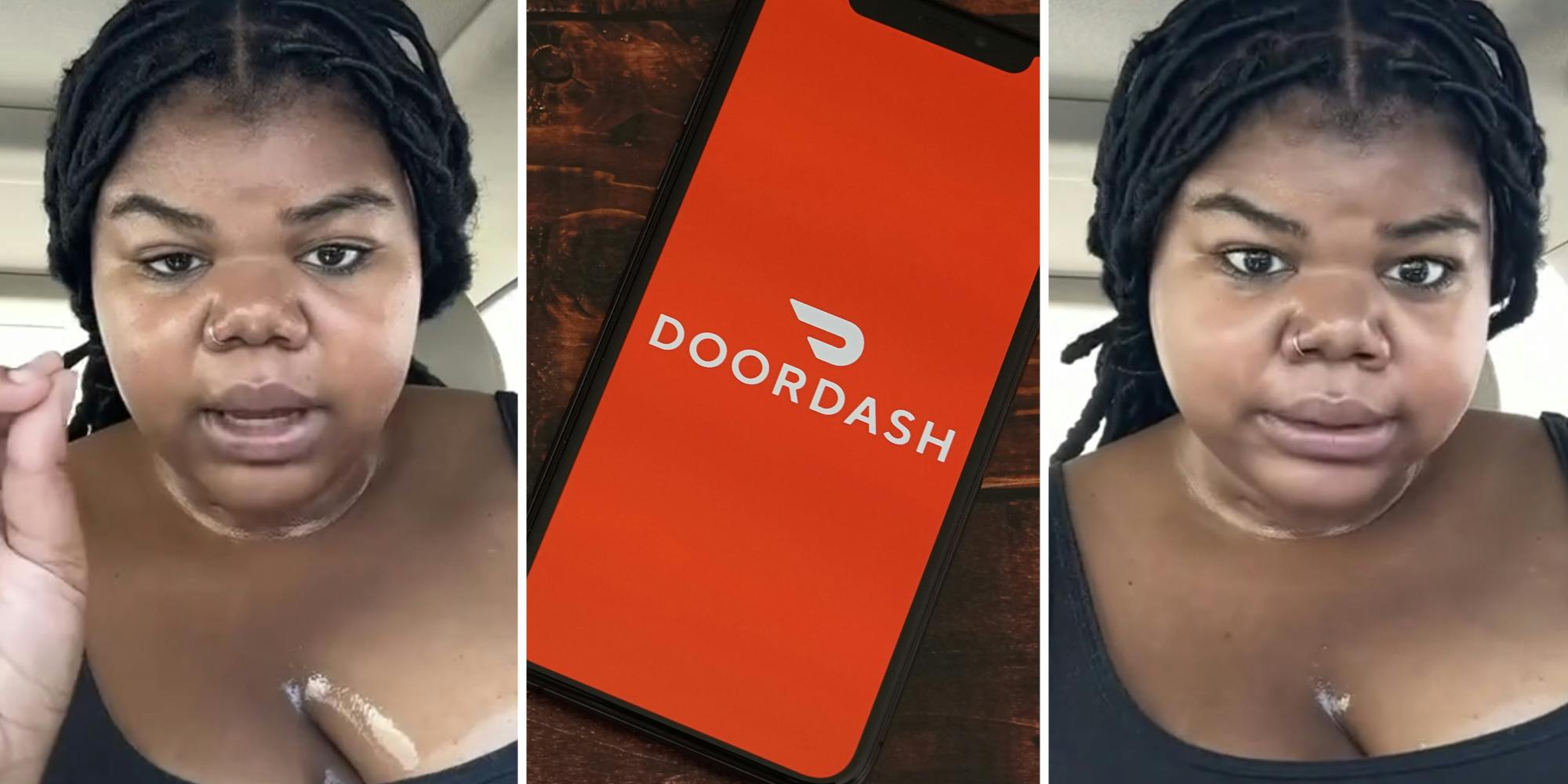 Woman talking(l+r), Doordash app on phone(c)