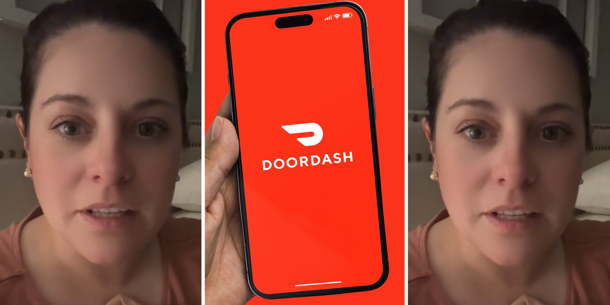Woman talking(l+r), Hand holding phone with doordash app(c)